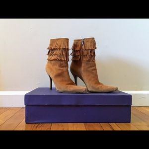 Stuart Weitzman Camel Suede Fringed Heeled-Boot